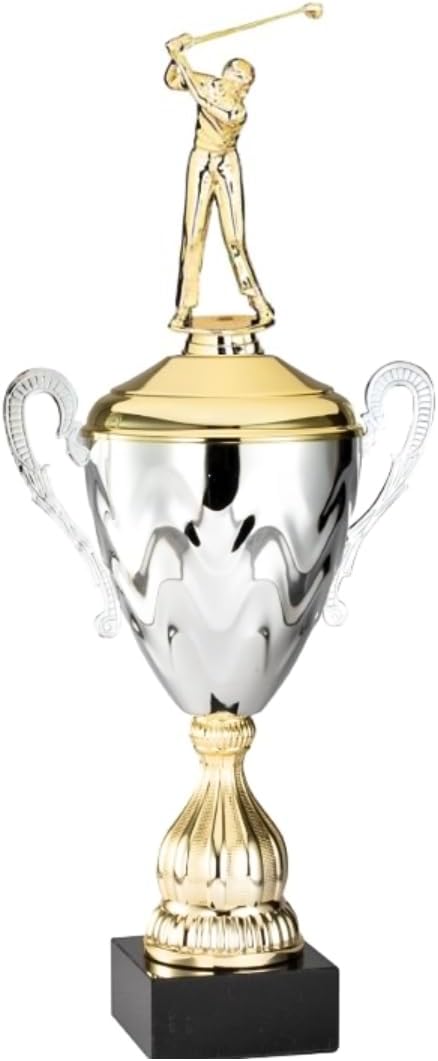Premium Golf Trophy – Large Gold and Silver Metal Cup with Male Golf Driver Figure – Custom Engraved Plate – Elegant Golf Award for Tournaments, Championships, Charity Events, Corporate Events