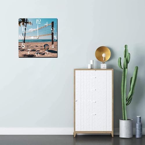 Volleyball Square Clock Silent No Ti.ck Battery Powered Home Decor 10inch Wooden Wall Clock for Living Room Kitchen Bathroom Farmhouse