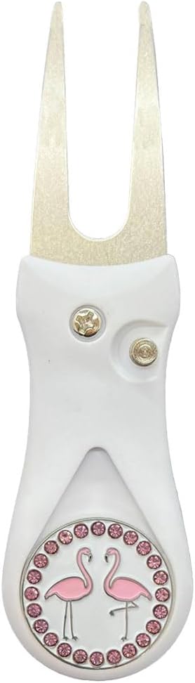 Giggle Golf White Plastic Divot Repair Tool with Metal Bling Flamingos Golf Ball Marker | Foldable Switchblade Divot Tool