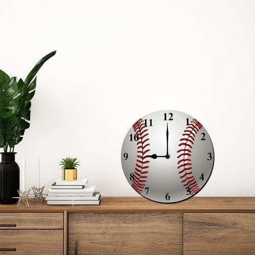 Baseball Sports Round Wall Clock Silent Non-Ticking Clock Battery Powered Desktop Standing Wall Decor for Living Room Kitchen Home Bedroom Office or School 10inch