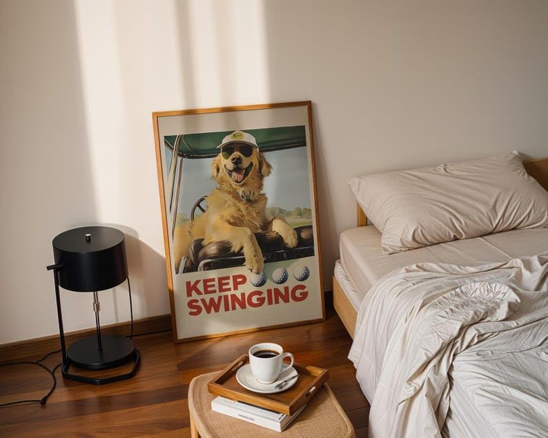 Funny Golden Retriever Golf Wall Art, Vintage Retro Dog Sports Print for Golf Lovers, Bar or Office Decor, Keep Swinging Inspirational Artwork (Unframed) (27x40)