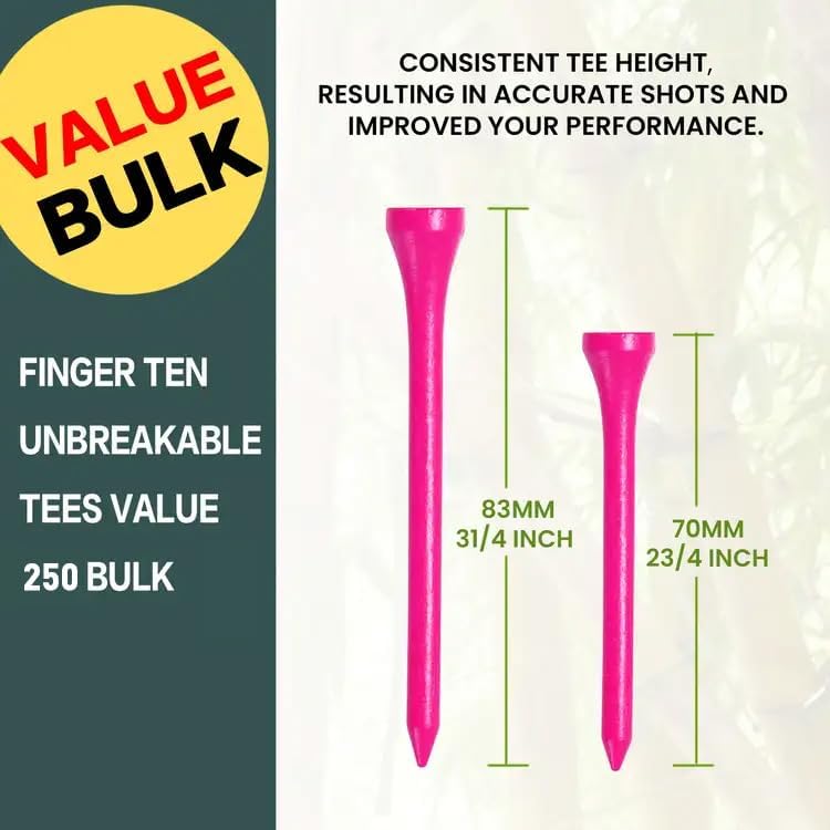 FINGER TEN Bamboo Golf Tees Wood 1 1/2 2 3/4 3 1/4 Inch Wooden Short Long Tee Color Bulk 250/500/1000/2000 Count for Men Women Kids in Red Pink USA Flag