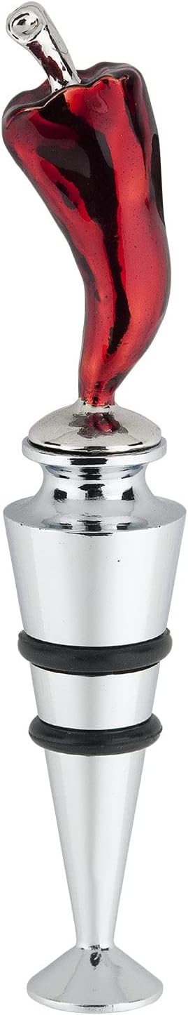 Supreme Housewares Hot Pepper-Shaped Zinc Alloy Wine Bottle Stopper - Reusable Beverage Preserver for Wine, Champagne, and Sparkling Drinks - Silver and Red, 4.75 Inch Tall
