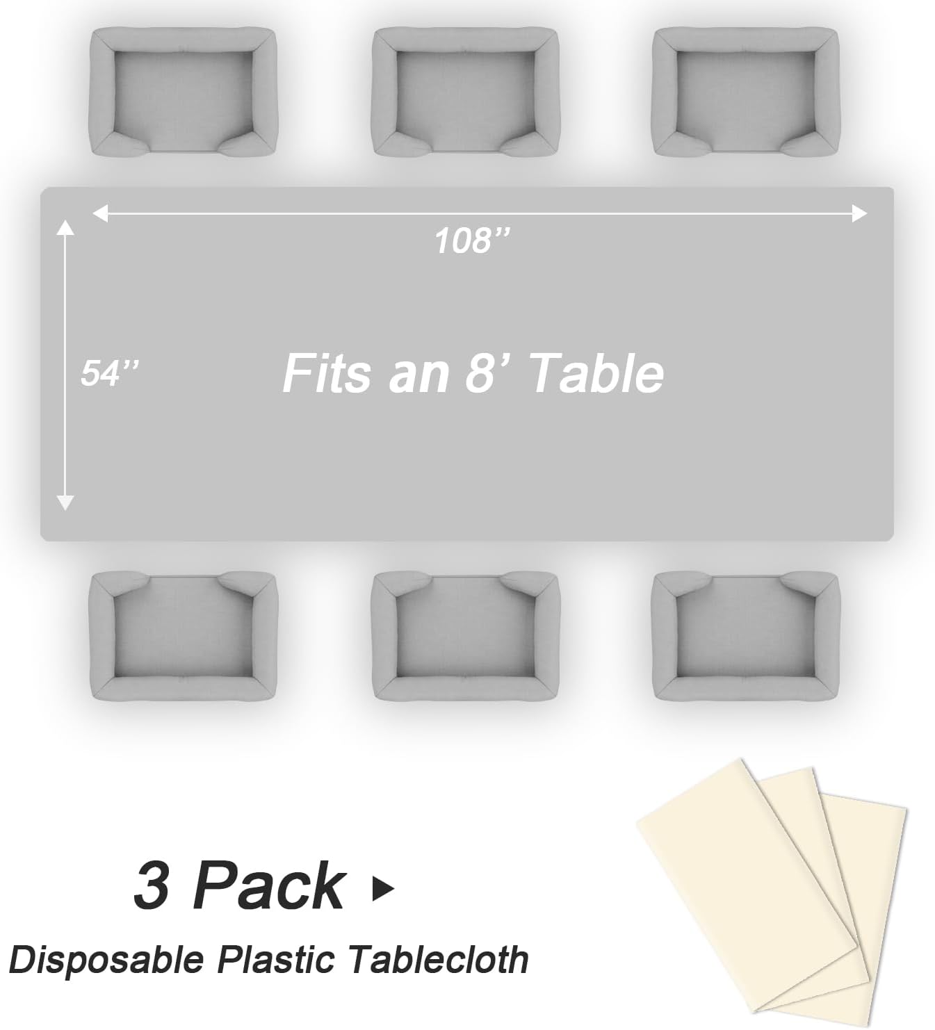 QIKSION Plastic Table Cloth Disposable 3 Pack, 54 x 108 Inch Tablecloths for Rectangle Tables, Ivory Plastic Table Cover
