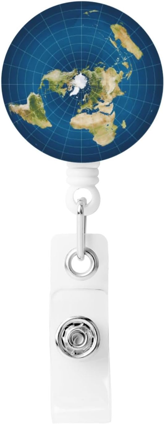 Flat Earth Map Model Badge Reels Retractable Badge Holder with Clip for Id Name Tag Office Worker Student Teacher Nurse Doctor