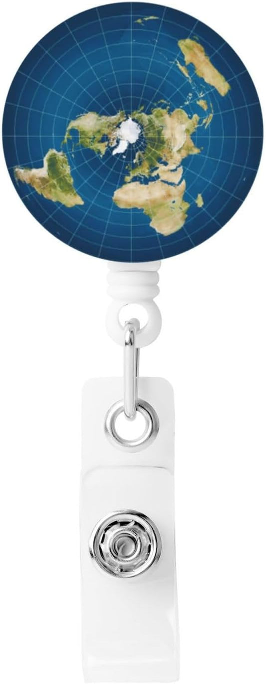 Flat Earth Map Model Badge Reels Retractable Badge Holder with Clip for Id Name Tag Office Worker Student Teacher Nurse Doctor