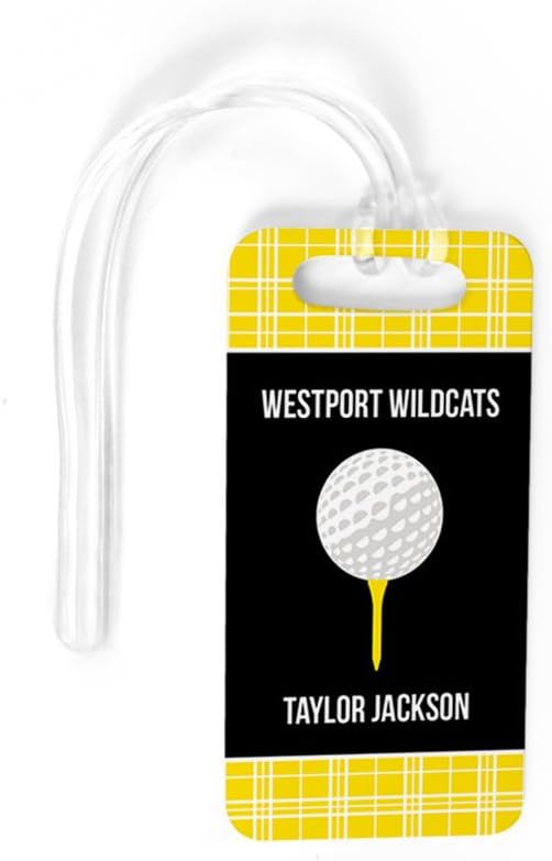 ChalkTalkSPORTS Golf Luggage & Bag Tag | Personalized Team with Golf Ball | Standard Lines on Back | Small | Yellow/Black