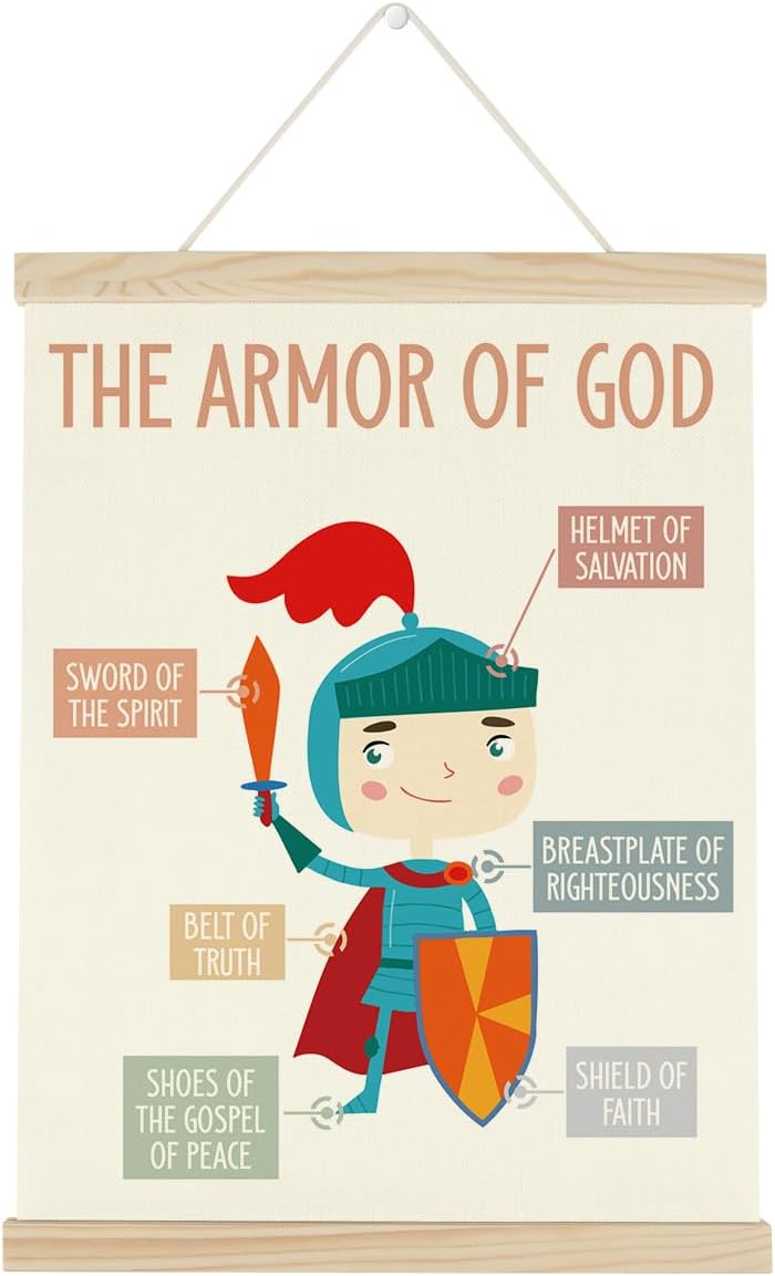 WINGTECA Kids Scripture Poster Christian Boho Decor Hanger Frame Classroom Back to School Decorations The Armor of God Colorful Wall Hanging Banner Decor for Classroom Kids Room Preschool 12x16Inch