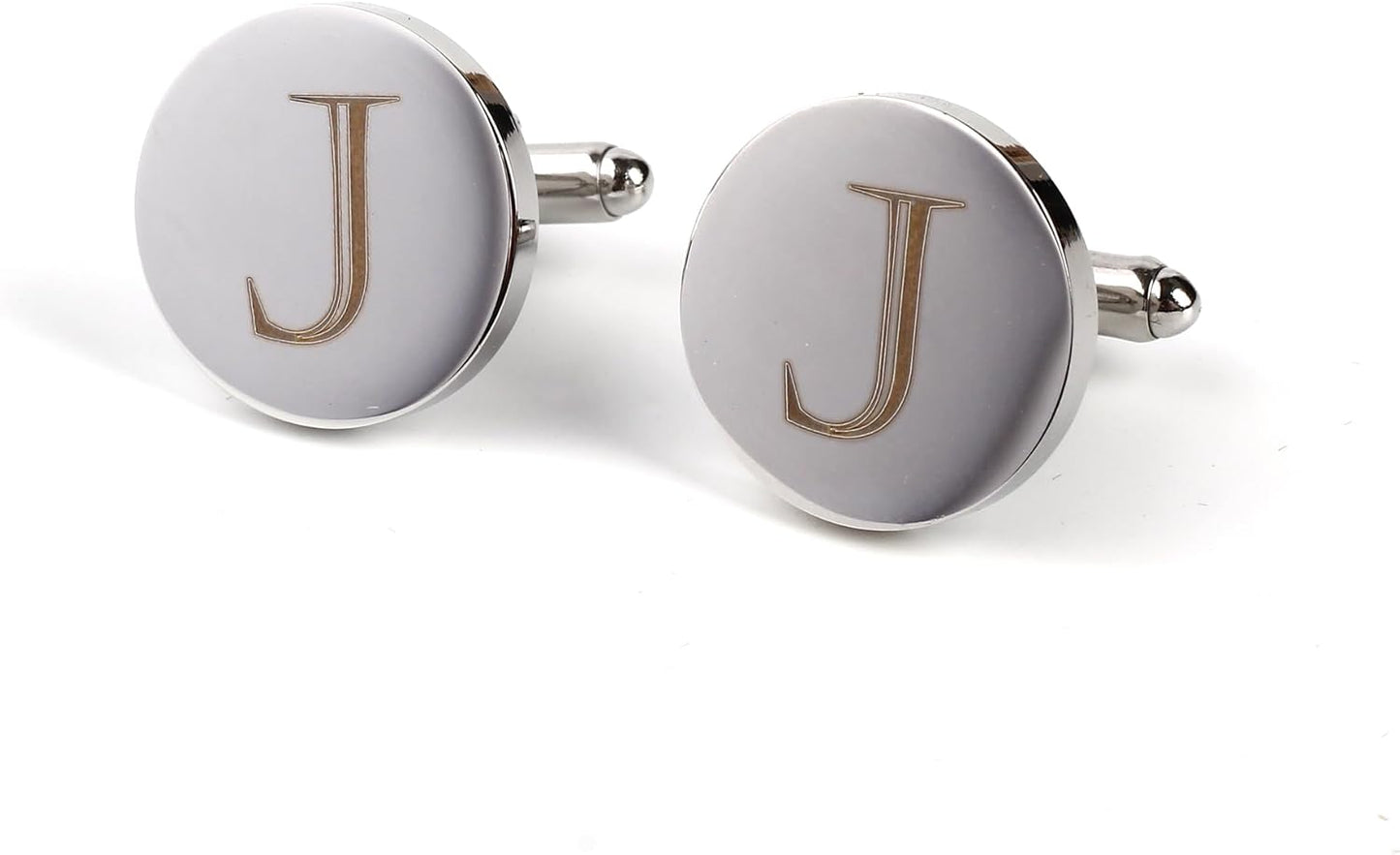 Mens Initial Silver Cufflinks A-Z Alphabet Letter Steel Cuff Links with Engraved Walnut Wood Box Groom Groomsman Wedding Set…