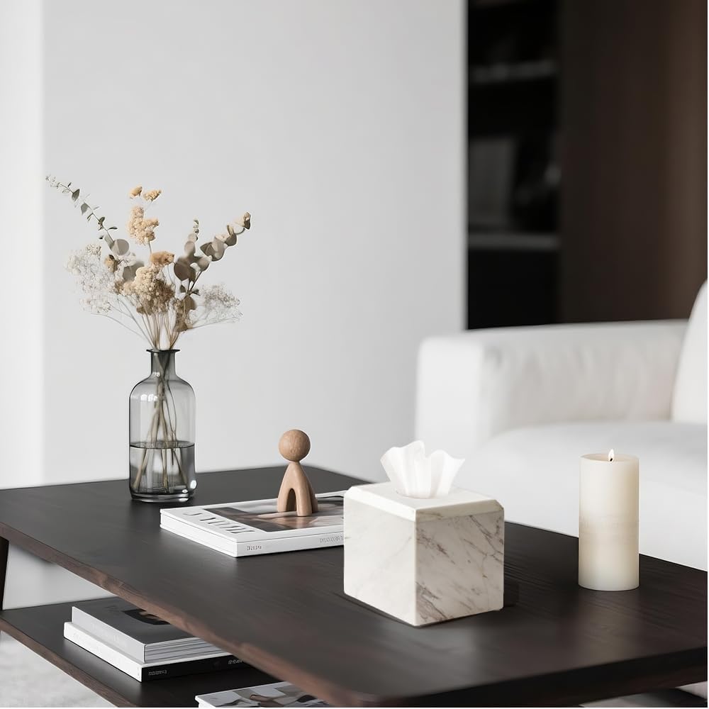 WORHE Tissue Box Cover Italy Natural Marble Heavy Duty Square Facial Toilet Paper Holder for Bathroom Living Room Bedroom Dresser Vanity Kitchen Minimalistic Office Home Decor Jazz White (WH014)