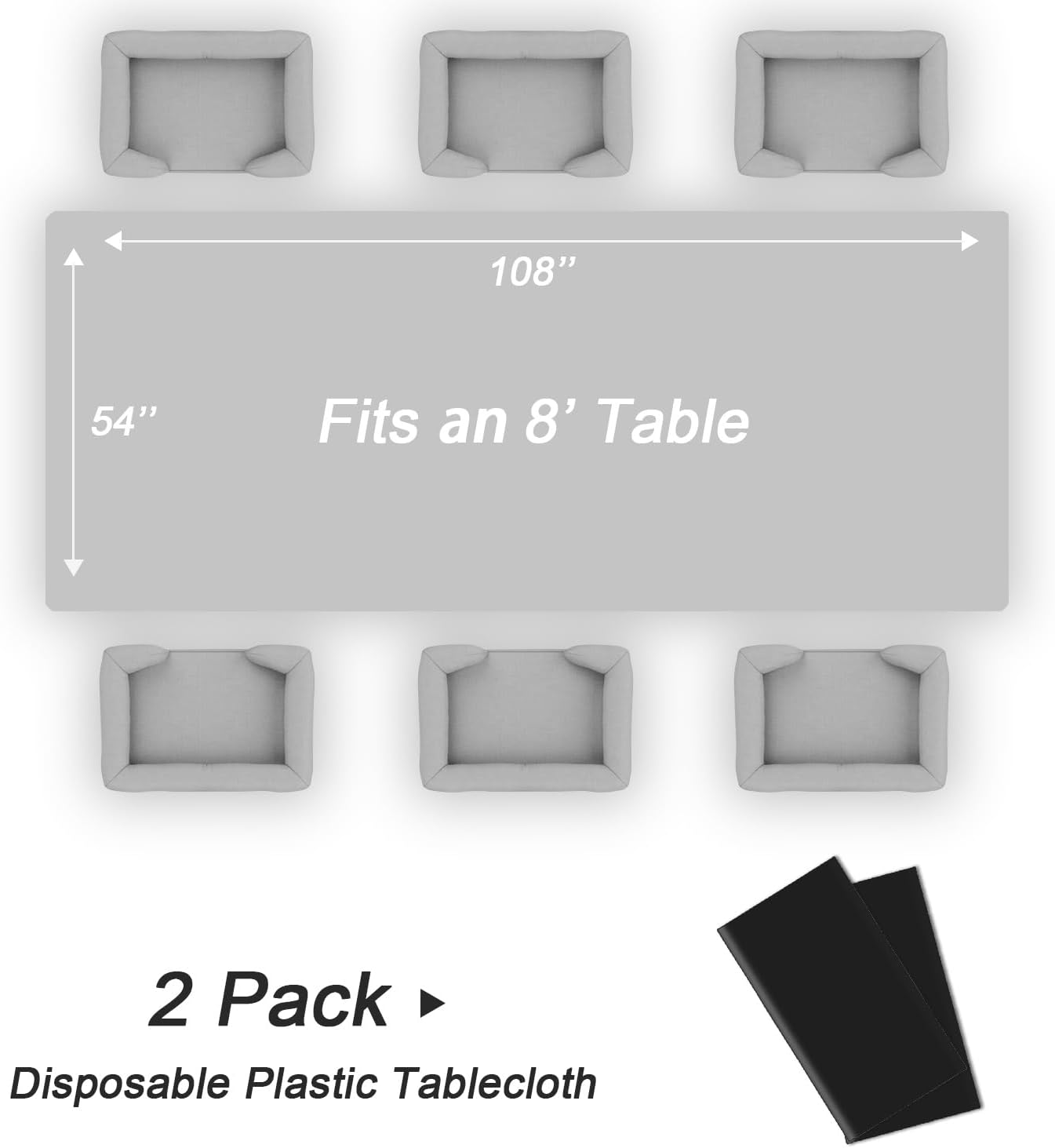 QIKSION Plastic Table Cloth Disposable 2 Pack, 54 x 108 Inch Tablecloths for Rectangle Tables, Black Plastic Table Cover