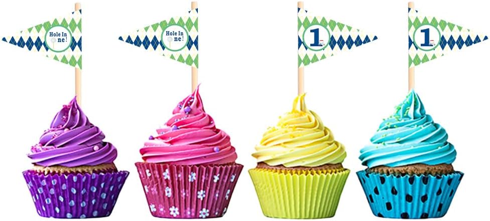 Golf Themed Toothpick Flags, 20 PCS Hole In One 1st Birthday Golf Cocktail Picks Mini Stick Cupcake Toppers Flags for Baby 1st Birthday Party Food Bar Decorations (Plaid Pattern Hole In 1)