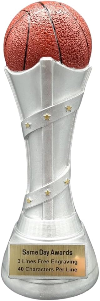 Victory Premium Basketball Trophy – Silver Design with Gold Star Accents and Realistic Ball – Free Custom Engraving Recognition Award for Players Coaches Teams MVPs and Championships