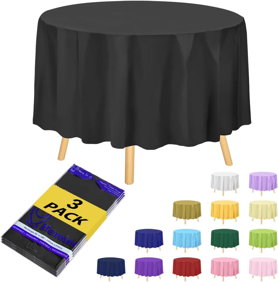 Brand Round Black Plastic 84" Disposable Tablecloth (3 Pack), Party & Event Decorative Cover