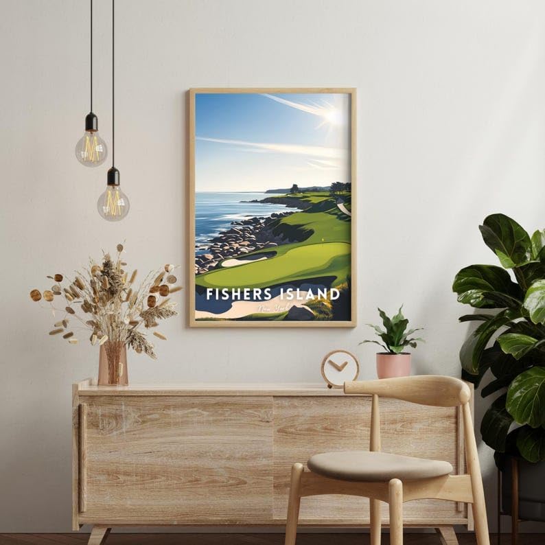 Nationcog Fishers Island Golf Course Poster, New York Vintage Wall Art, Coastal Home Decor, Unique Gift for Dad or Husband, Classic Golf Print for Office or Study (Unframed) (12x18)