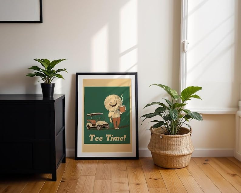 Vintage Tee Time Golf Wall Art, Retro Sports Poster Print for Bar, Office or Game Room Decor, Whimsical Golfer Artwork with Coffee and Golf Cart (Unframed) (16x24)