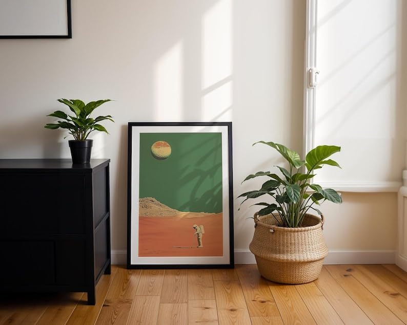 Retro Space Golf Wall Art, Vintage Mars Landscape Sports Print for Bar, Office or Game Room Decor, Astronaut Golfer Poster with Tee Time Theme (Unframed) (9x11)