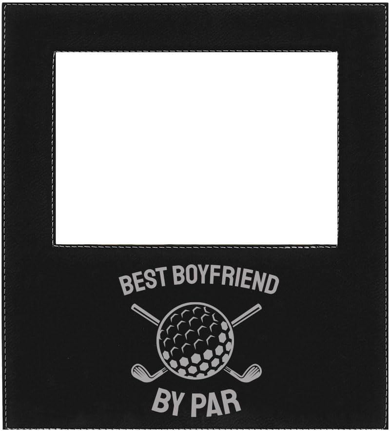 Boyfriend By Par Father's Day Golf Gift Engraved Leatherette Faux Leather Hanging/Tabletop Offset Horizontal/Landscape Personalized Group Grandparent Family Photo 5x7 Picture Black Frame