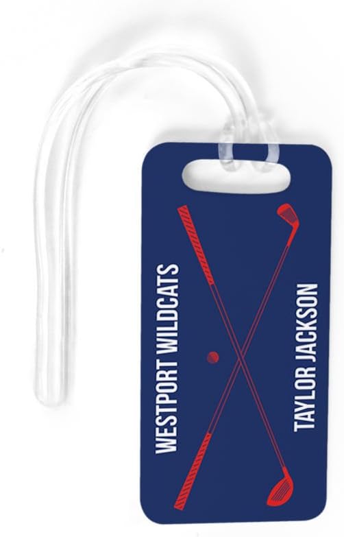 ChalkTalkSPORTS Golf Luggage & Bag Tag | Personalized Crossed Golf Clubs | Standard Lines on Back | Small | Navy/Red