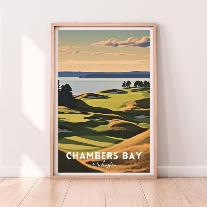 Nationcog Chambers Bay Golf Poster, Vintage Washington Travel Wall Art Print, Retro Coastal Golf Landscape Decor, Sports Artwork Gift for Men or Office (Unframed) (16x24)
