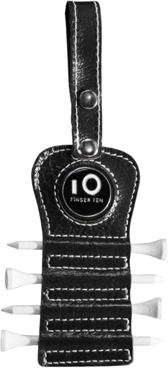 FINGER TEN Golf Tee Holder with Ball Marker and 4 Pcs Wood Tees Value 1/2 Pack, Luxury Leather Gift Hook to Golf Bag Belt Clip