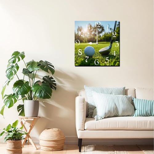 Golf Square Clock Silent No Tick Battery Powered Home Decor 10inch Wooden Wall Clock for Living Room Kitchen Bathroom Farmhouse