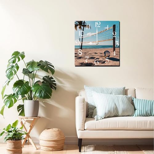 Volleyball Square Clock Silent No Ti.ck Battery Powered Home Decor 10inch Wooden Wall Clock for Living Room Kitchen Bathroom Farmhouse