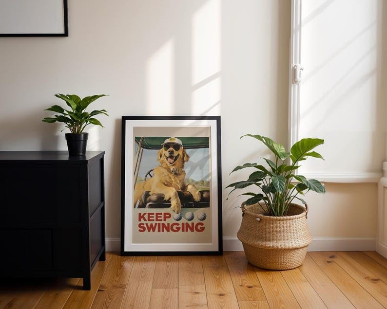 Funny Golden Retriever Golf Wall Art, Vintage Retro Dog Sports Print for Golf Lovers, Bar or Office Decor, Keep Swinging Inspirational Artwork (Unframed) (20x30)