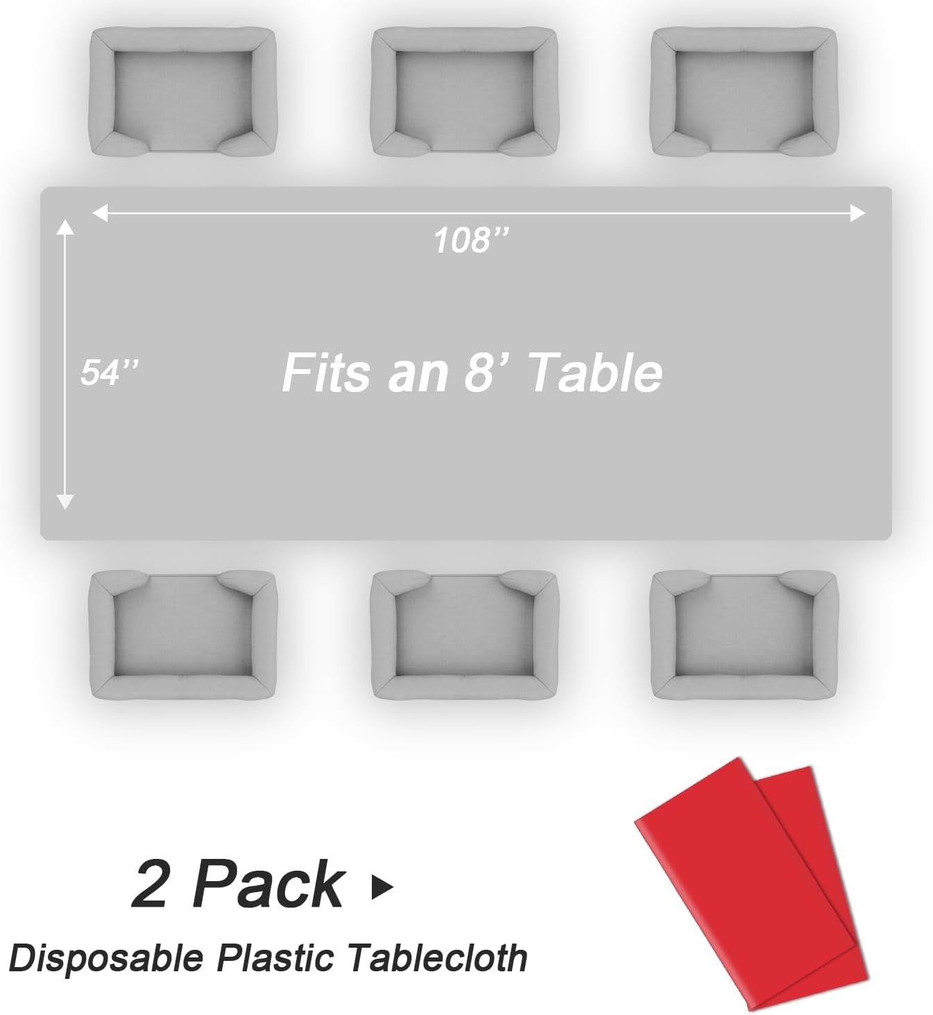 QIKSION Plastic Table Cloth Disposable 2 Pack, 54 x 108 Inch Tablecloths for Rectangle Tables, Red Plastic Table Cover