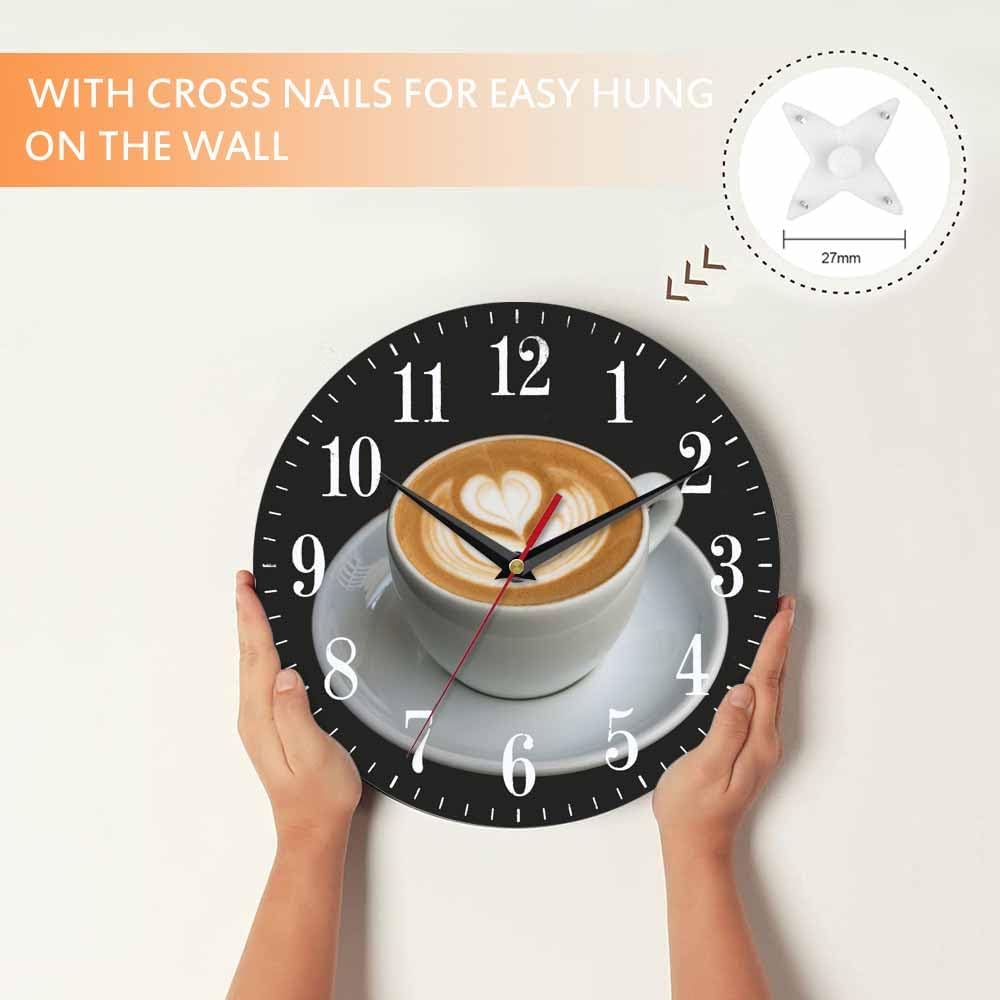 Mxocom Coffee Wall Clock Cappuccino Art Heart Pattern 10 Inch Silent Non Ticking Battery Operated Clock Vintage Round Clock for Living Room Bedroom Bathroom Office Decor