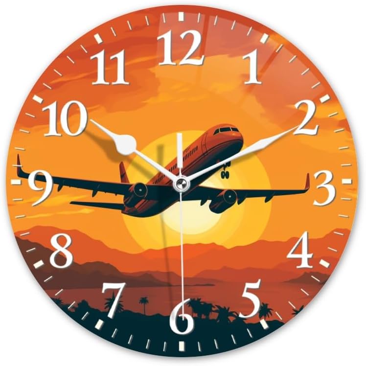 Sunset Wall Clock Non-Ticking Silent Clocks Battery Operated Analog Decor Clock for Home-Illustration of Airplane Flying Over The Sunset(10inch)