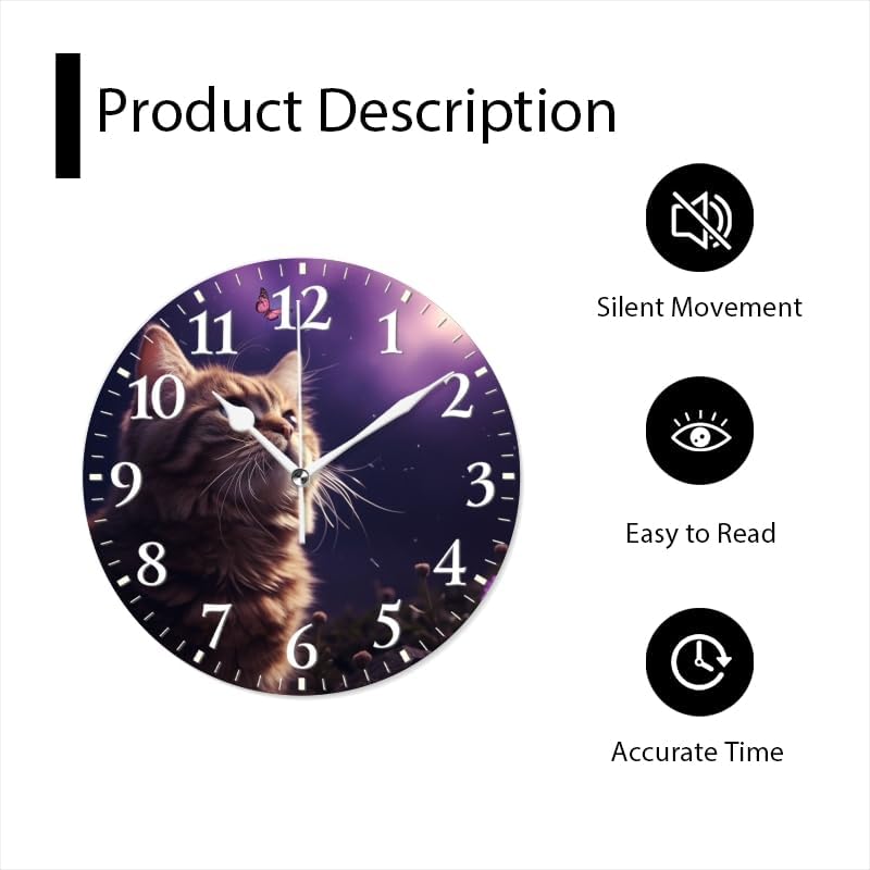 Cat Wall Clock Non-Ticking Silent Clocks Battery Operated Analog Decor Clock for Home-Cute Cat Gazing at Butterflies in The Sky(14inch)