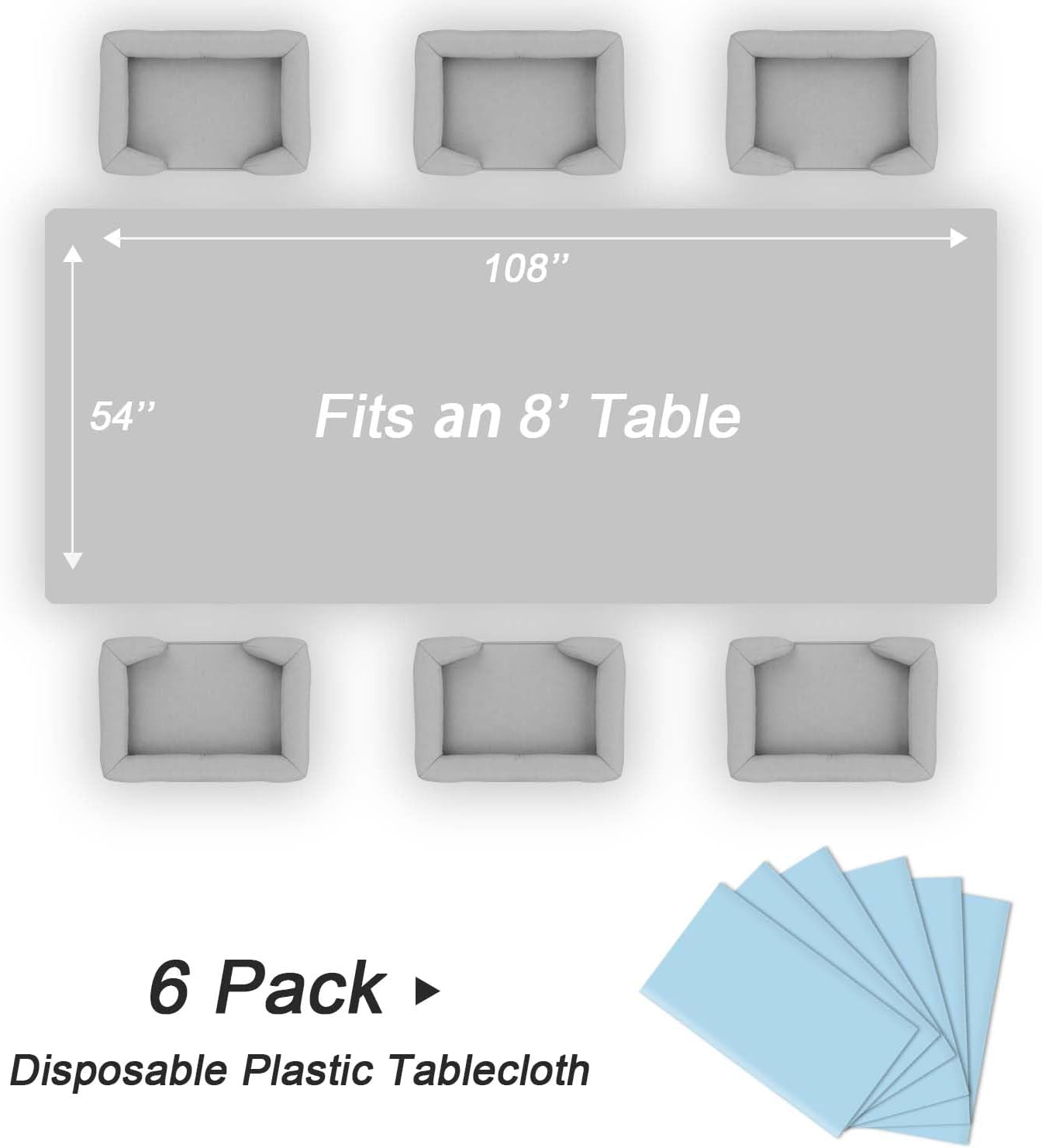 QIKSION Plastic Table Cloth Disposable 6 Pack, 54 x 108 Inch Tablecloths for Rectangle Tables, Light Blue Plastic Table Cover