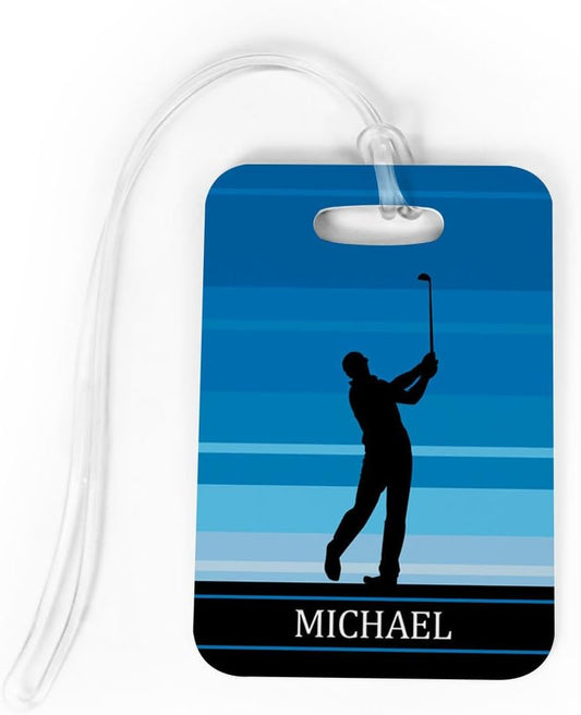 ChalkTalkSPORTS Golf Luggage & Bag Tag | Personalized Male Golfer | Standard Lines on Back | Medium | Blue