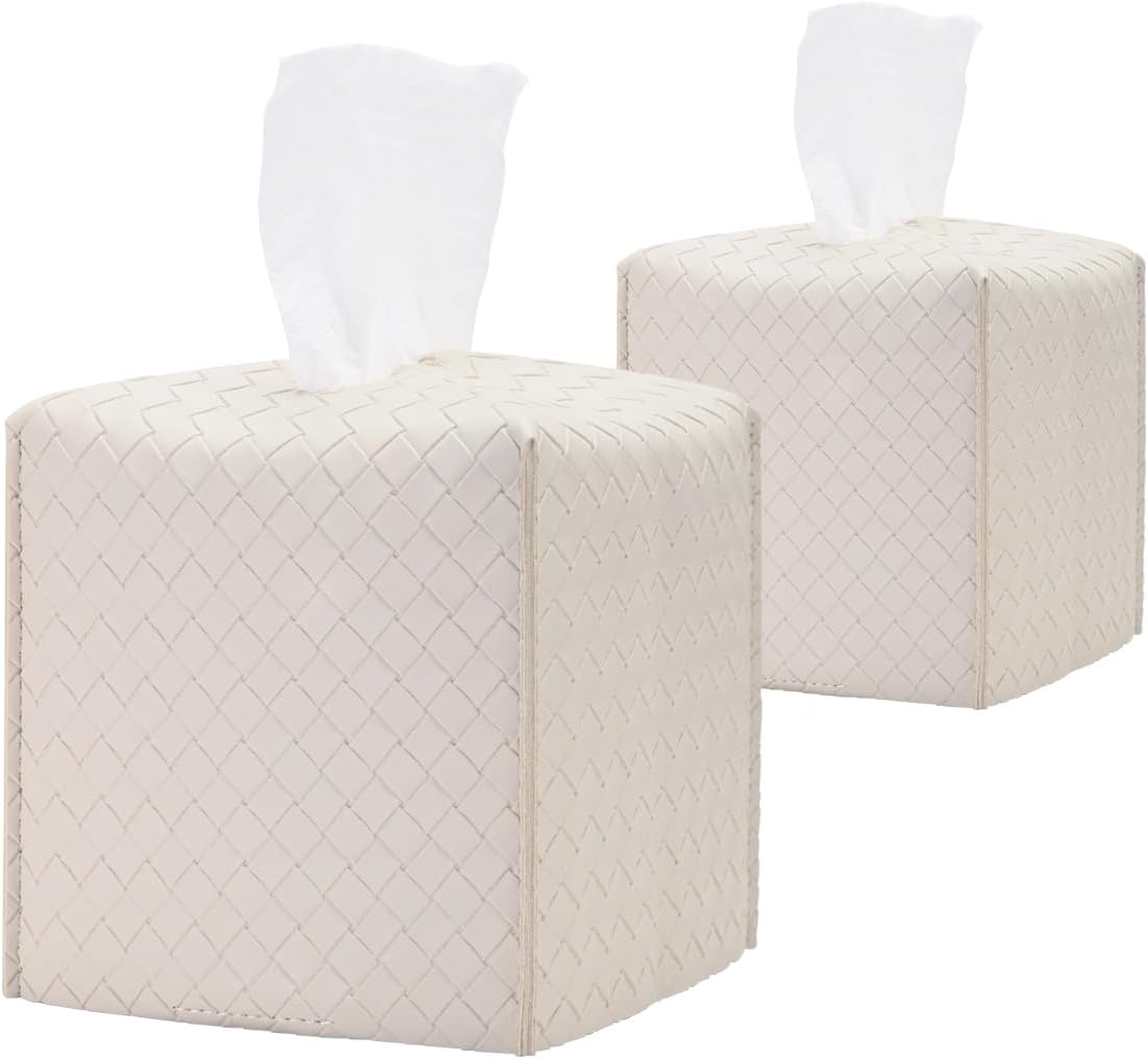 HOMOTEK 2 Pack Tissue Box Cover,PU Leather Tissue Holder,Square Decorative Facial Tissue Cube Paper Organizer Dispenser for Bathroom, Night Stands, Desk, Car 5X5X5'' - Woven Waffle, Ivory