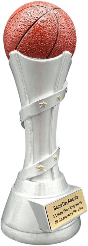 Victory Premium Basketball Trophy – Silver Design with Gold Star Accents and Realistic Ball – Free Custom Engraving Recognition Award for Players Coaches Teams MVPs and Championships