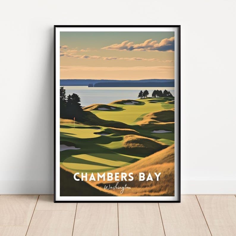 Nationcog Chambers Bay Golf Poster, Vintage Washington Travel Wall Art Print, Retro Coastal Golf Landscape Decor, Sports Artwork Gift for Men or Office (Unframed) (12x18)