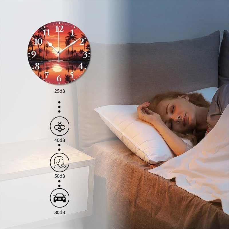 Sunset Wall Clock Non-Ticking Silent Clocks Battery Operated Analog Decor Clock for Home-Sunset with Palm Trees and Reflections On The Water(12inch)