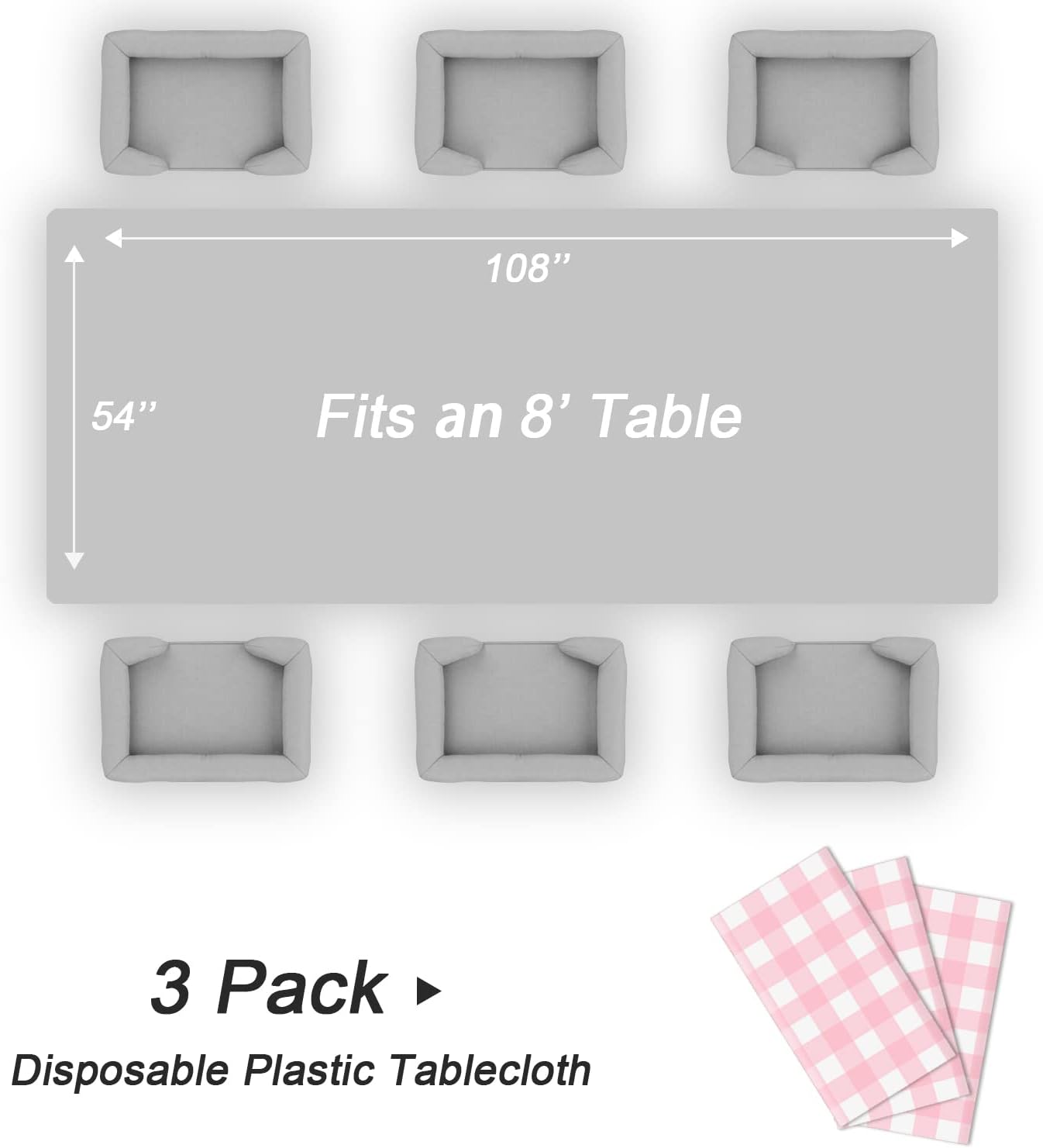 QIKSION Pink Gingham Tablecloth Disposable 3 Pack, 54 x 108 Inch Pink and White Checkered Table Cloth for Rectangle Tables, Plastic Table Cover