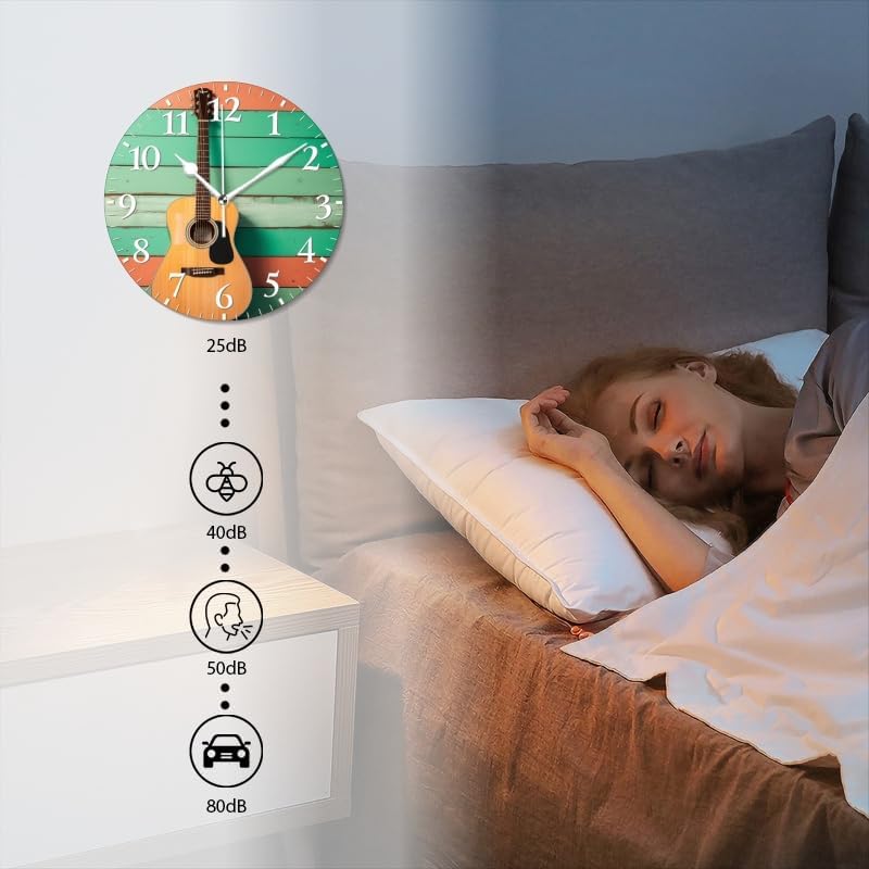 Guitar Wall Clock Non-Ticking Silent Clocks Battery Operated Analog Decor Clock for Home-Acoustic Guitar Leaning Against Wooden Wall(16inch)