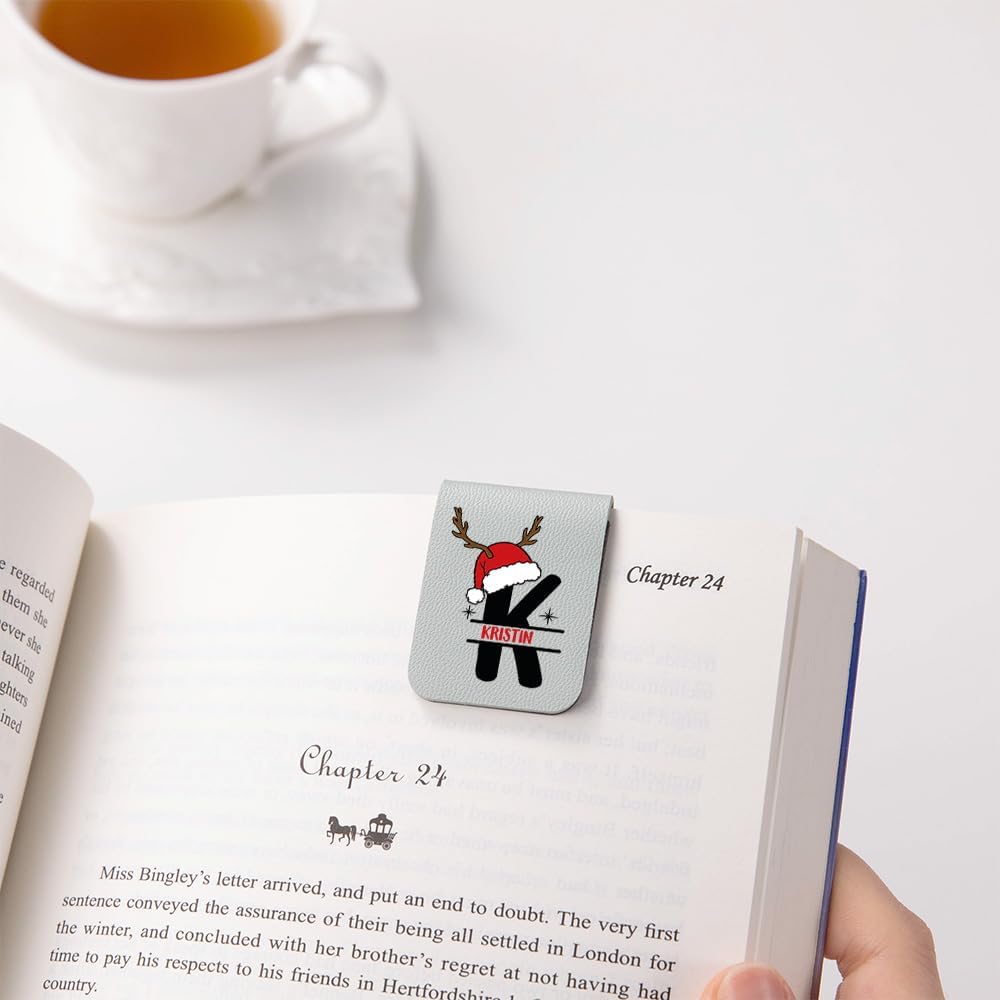 CALLIE Personalized Magnetic Bookmark Clip – Custom Name Reading Gifts for Book Lovers, Birthday Teacher's Day Christmas for Bookworm Gifts (Santa Hat Reindeer)