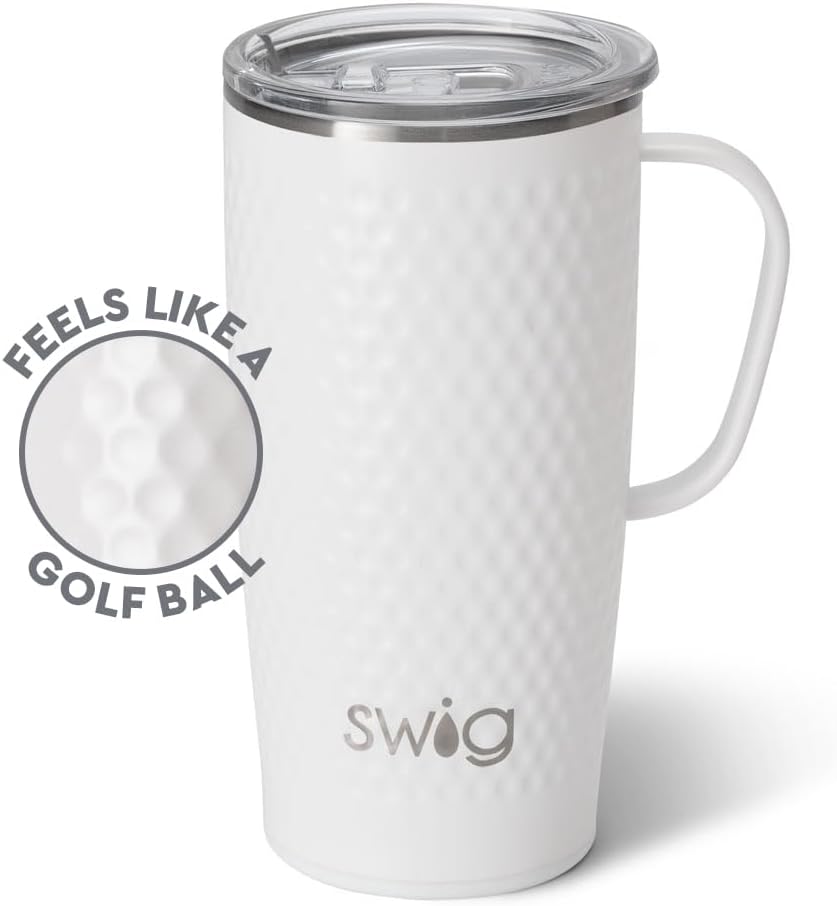 Swig Life 22oz Travel Mug, Insulated Tumbler with Handle and Lid, Cup Holder Friendly, Dishwasher Safe, Stainless Steel, Travel Coffee Cup, Insulated Mug with Lid (Golf Ball)