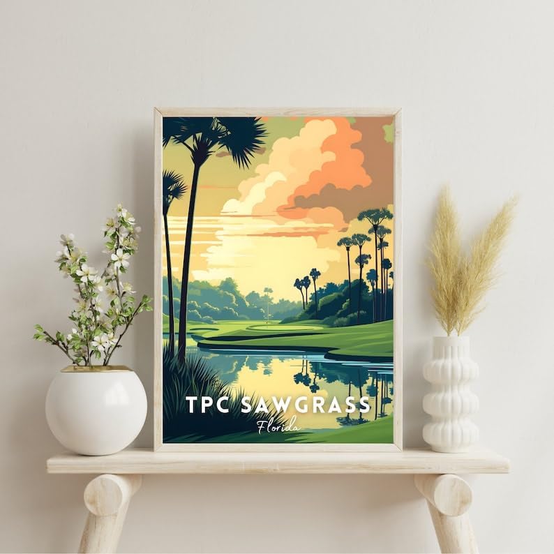 Nationcog TPC Sawgrass Golf Wall Art Print, Vintage Florida Course Poster for Living Room or Study, Scenic Decor for Men, Unique Dad Gift, Golf Enthusiast Room Accent (Unframed) (16x24)