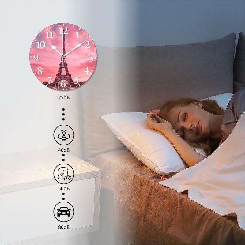 Paris Wall Clock Non-Ticking Silent Clocks Battery Operated Analog Decor Clock for Home-Eiffel Tower with Pink Sky and Pink Clouds(12inch)