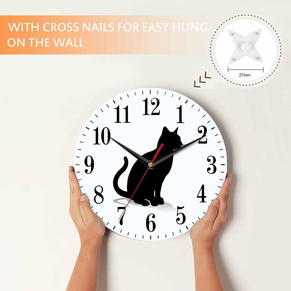 Mxocom Cat Silhouette Wall Clock Pet Animal Kitten Standing Black Outline 10 Inch Silent Non Ticking Battery Operated Clock Vintage Round Clock for Living Room Bedroom Bathroom Office Decor