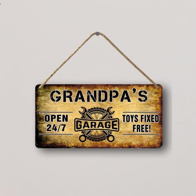 Grandpa's Garage Wooden Sign - Papa's Fix It Shop Vintage Mechanic Sign - Toys Fixed For Free - Woodworking Gift for Grandpa - 6x12 Inch