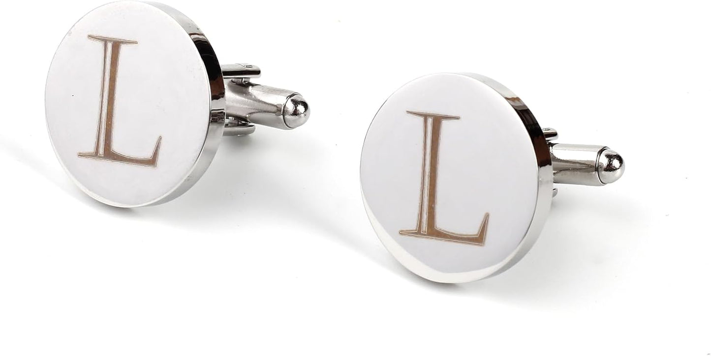 Mens Initial Silver Cufflinks A-Z Alphabet Letter Steel Cuff Links with Engraved Walnut Wood Box Groom Groomsman Wedding Set…