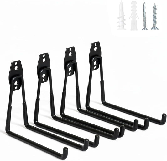 WMK Garage Hooks 4 Pack Wall Storage Hooks Heavy Duty Steel Tool Hangers for Utility Organizer, Wall Mount Holders for Garden Lawn Tools, Ladders, Bike (Black)