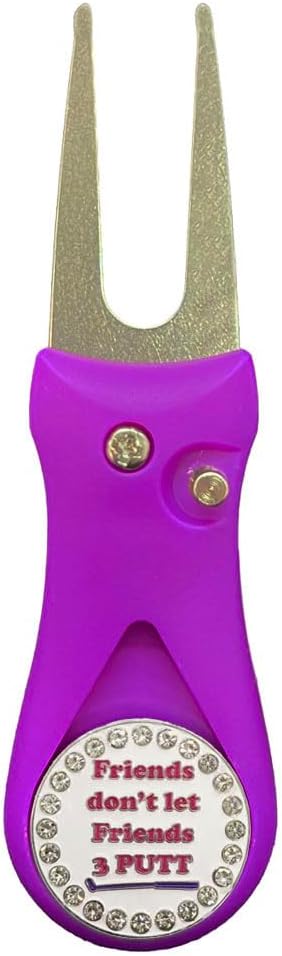 Giggle Golf Purple Plastic Divot Repair Tool with Metal Bling Friends Don't Let Friends 3 Putt Golf Ball Marker | Foldable Switchblade Divot Tool