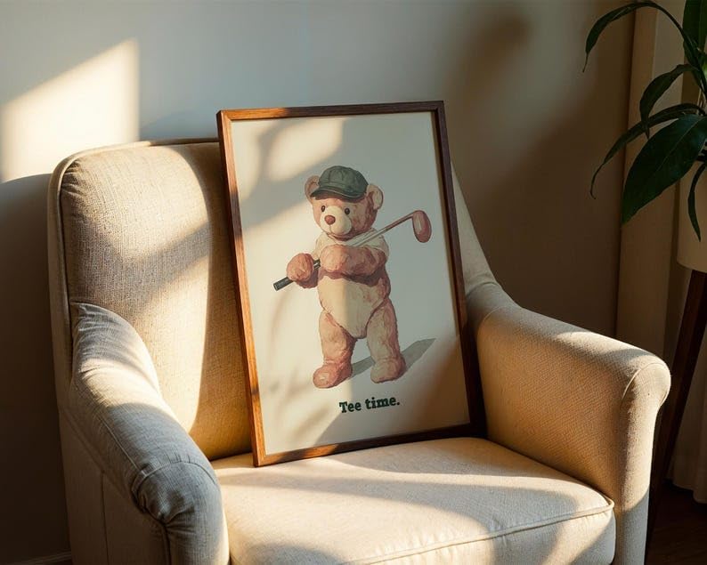 Nationcog Vintage Golf Teddy Bear Wall Art, Retro Watercolor Sports Print for Nursery, Kids Bedroom or Playroom Decor, Cute Golfer Artwork for Baby Boy (Unframed) (16x24)